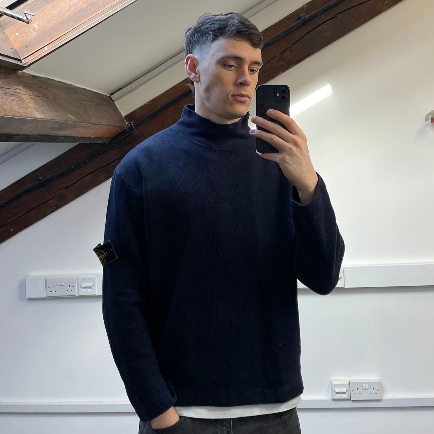 Stone Island Navy AW99 Wool Blend Fine-Rib Mockneck Green Edge Badge Jumper