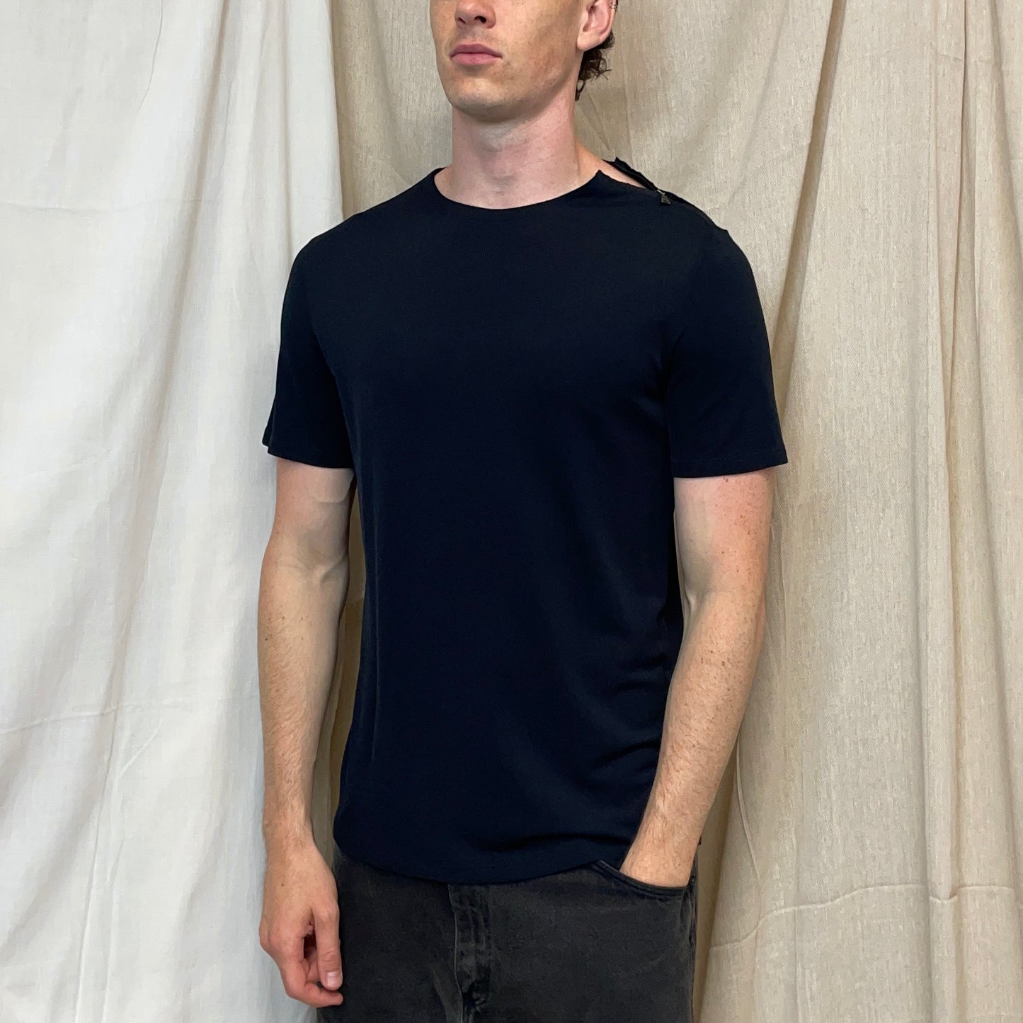 Prada Sport Navy 00s Canvas Textured Zip-Shoulder T-Shirt
