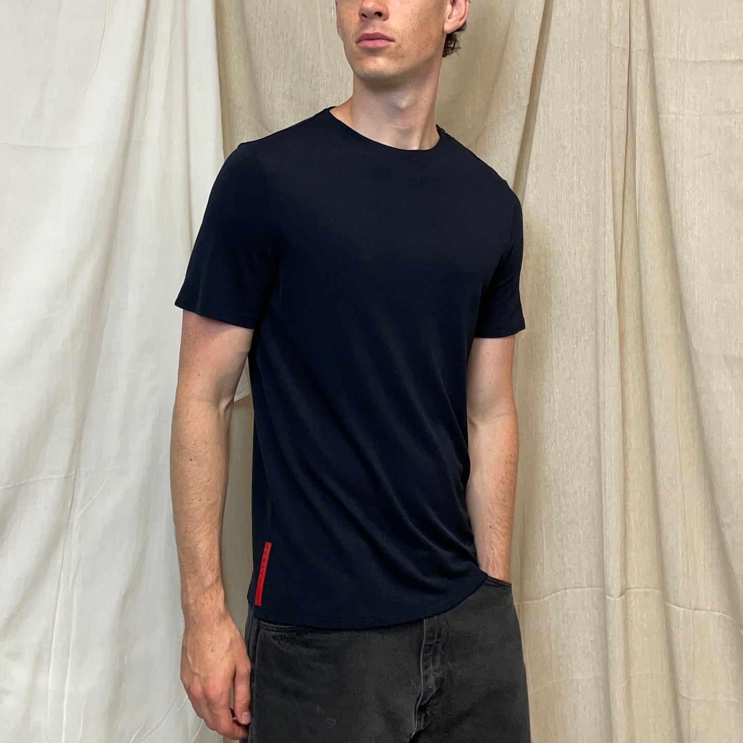 Prada Sport Navy 00s Canvas Textured Zip-Shoulder T-Shirt