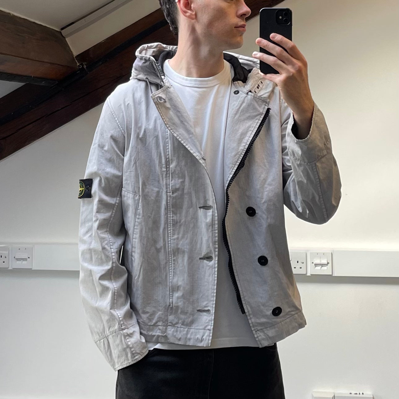 Stone Island White Cotton Spalmatura Hooded Jacket SS07
