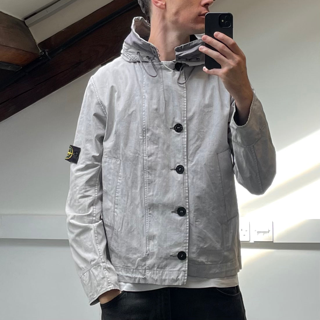 Stone Island White Cotton Spalmatura Hooded Jacket SS07