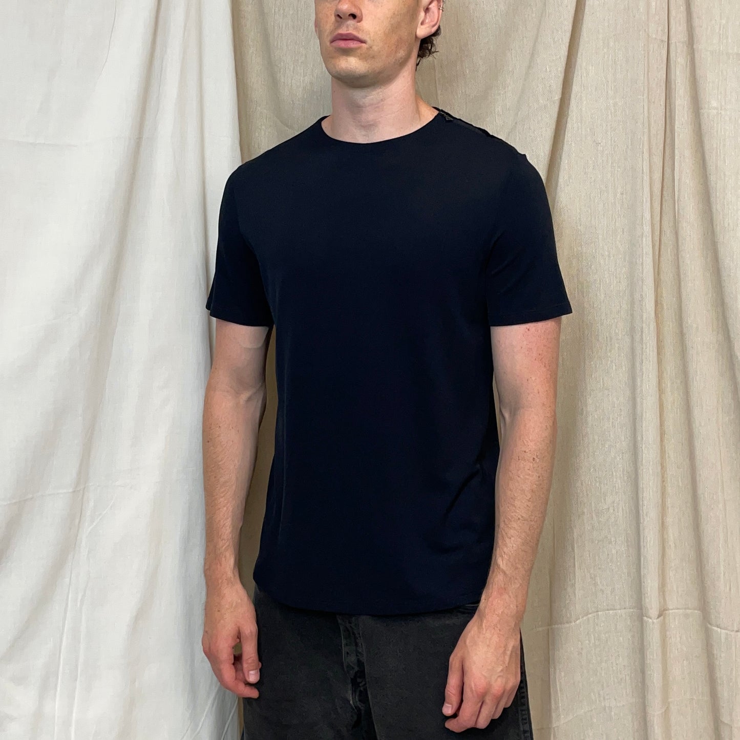 Prada Sport Navy 00s Canvas Textured Zip-Shoulder T-Shirt
