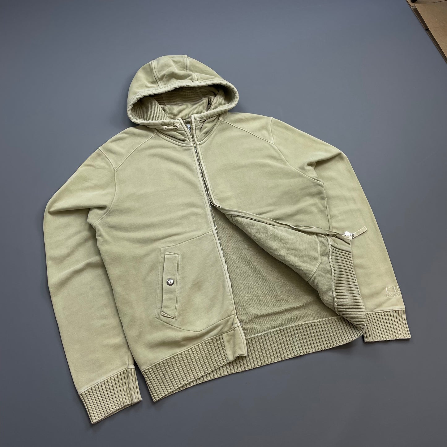 C.P. Company Beige Cotton Zip-Through Cuff Spellout Hoodie