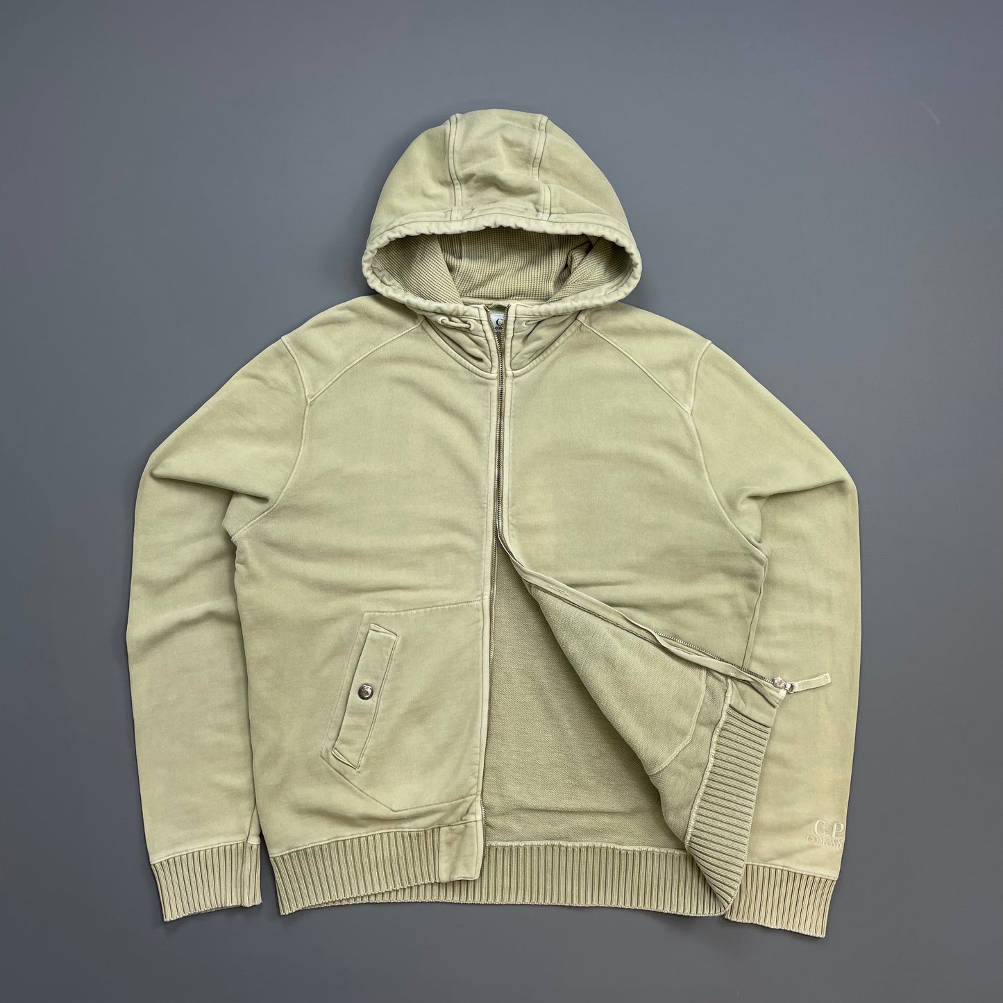 C.P. Company Beige Cotton Zip-Through Cuff Spellout Hoodie