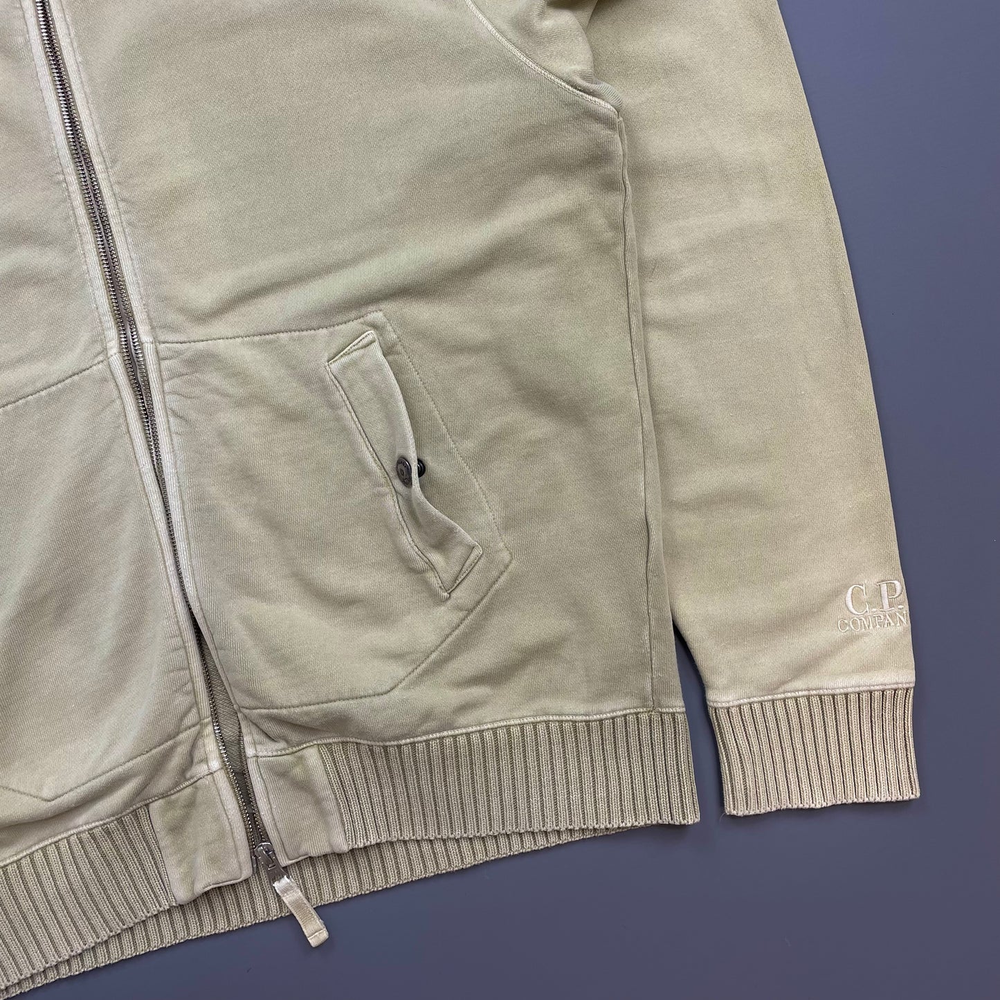 C.P. Company Beige Cotton Zip-Through Cuff Spellout Hoodie