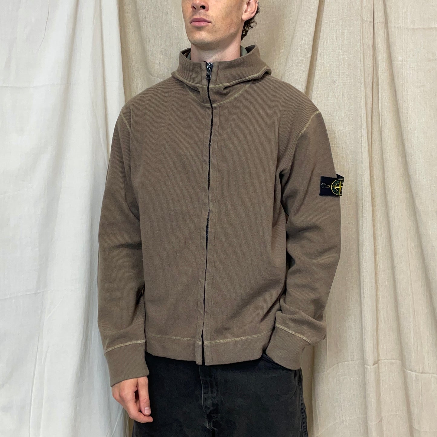 Stone Island Black AW03 Wool-Blend Contrast Stitch Knit Hooded Jacket