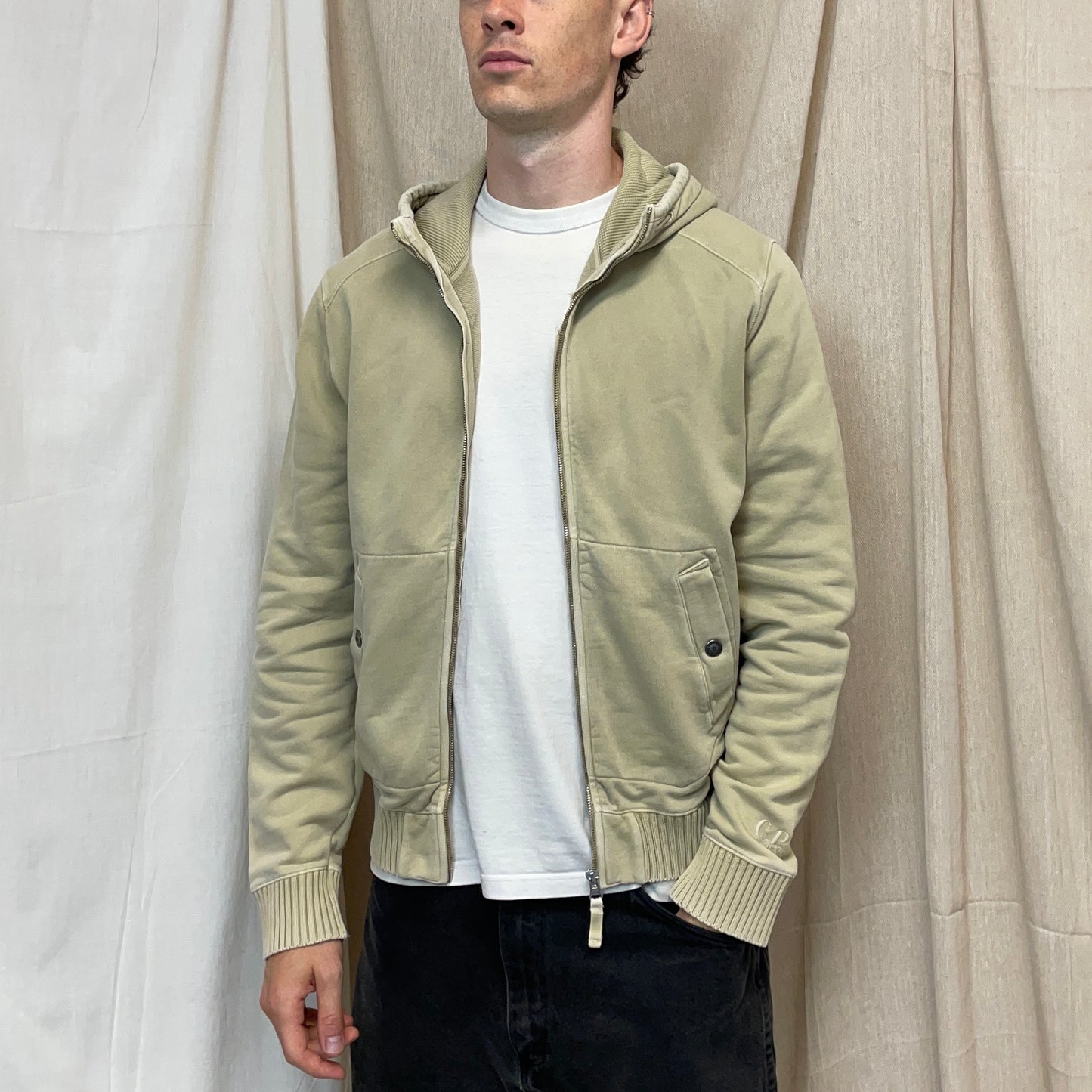 C.P. Company Beige Cotton Zip-Through Cuff Spellout Hoodie
