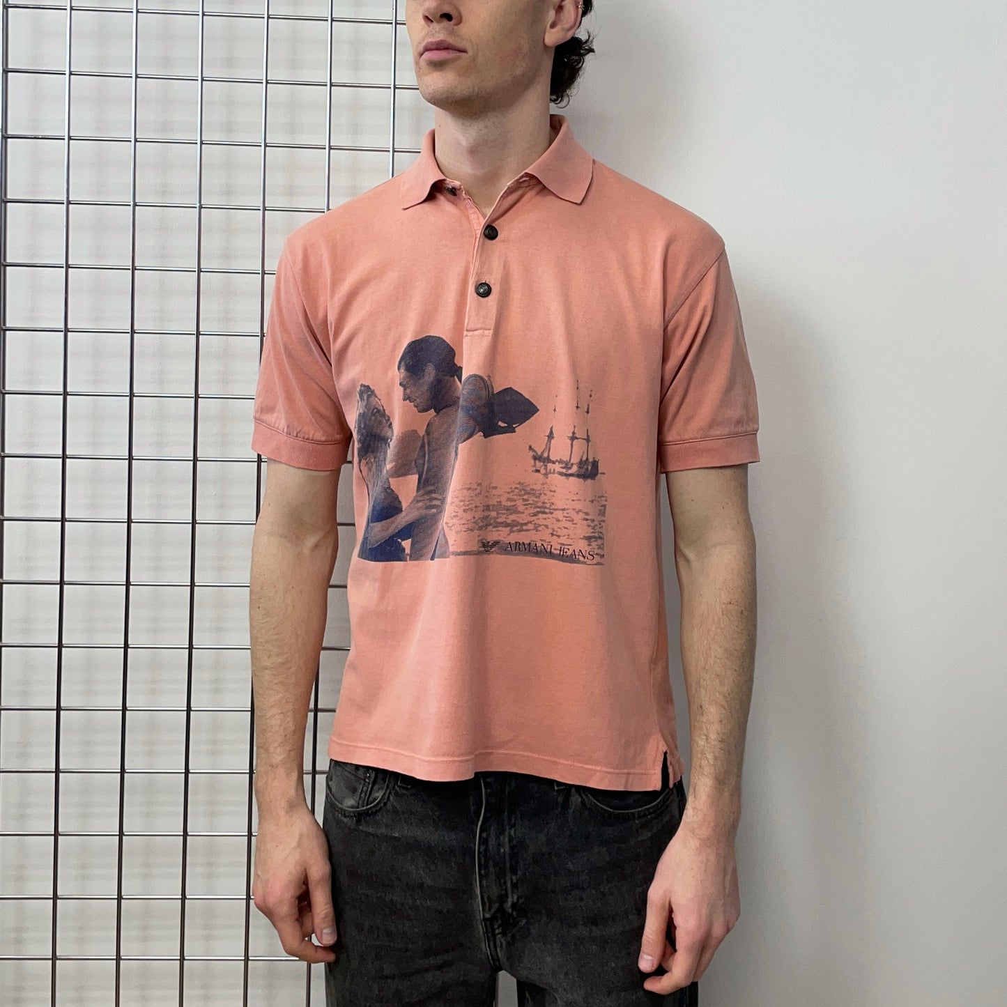 Armani Jeans Pink 90s Nautical Graphic Print Cotton Polo Shirt