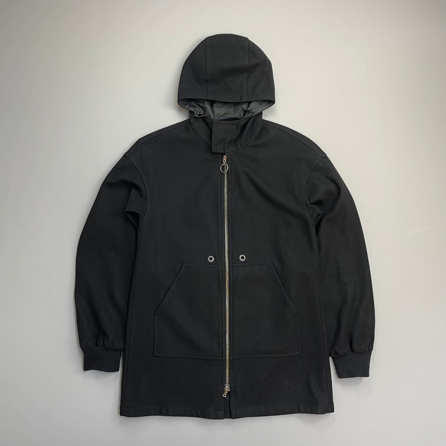 Prada Sport Black 00s Longline Nylon-Lined Wool Hooded Parka Coat