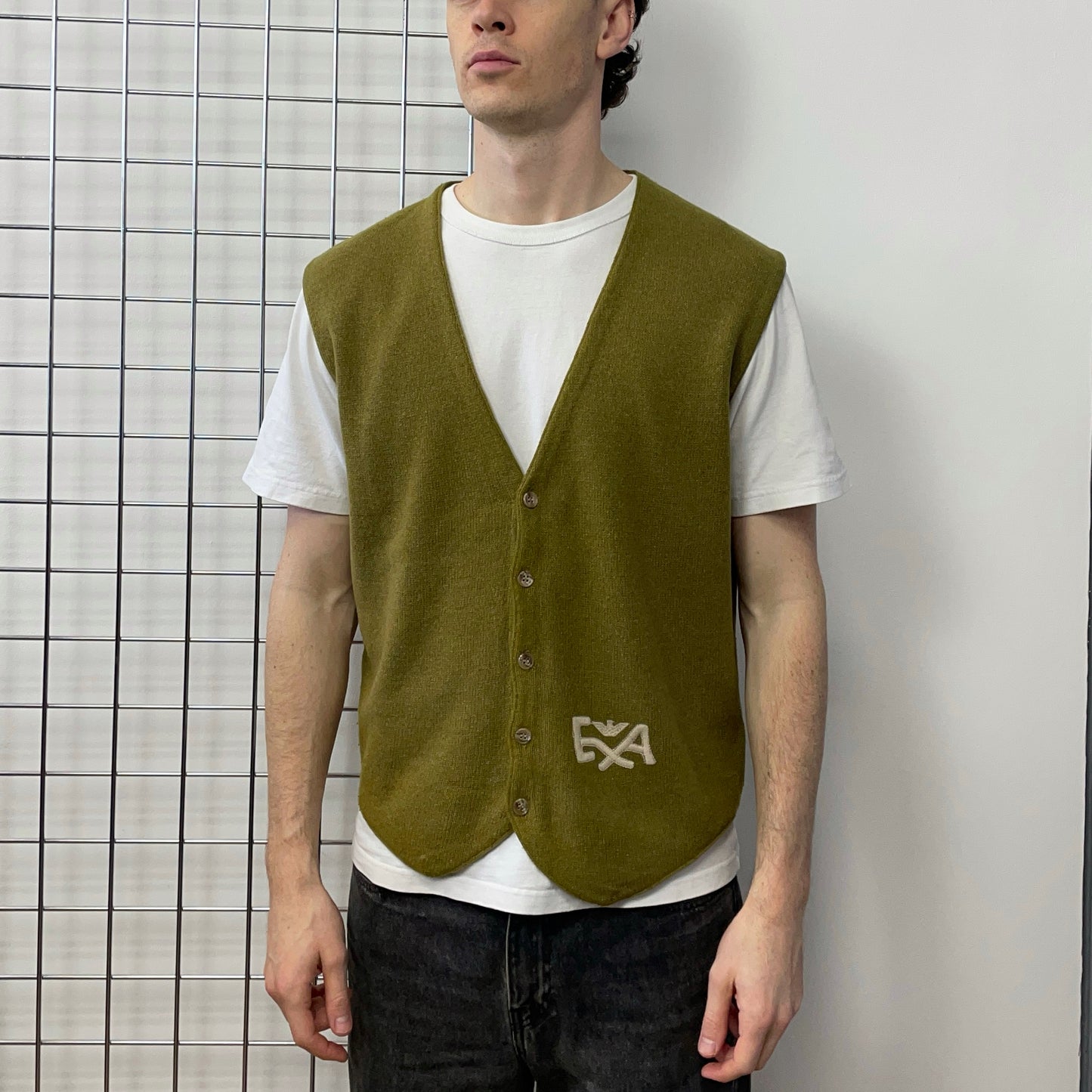 Emporio Armani Green 80s Wool Blend Knit Cardigan Vest