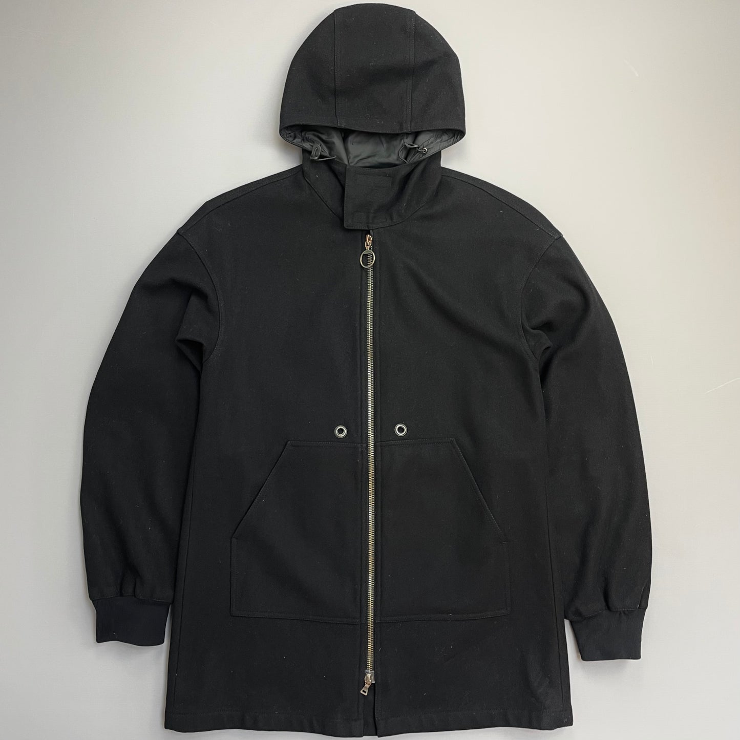 Prada Sport Black 00s Longline Nylon-Lined Wool Hooded Parka Coat