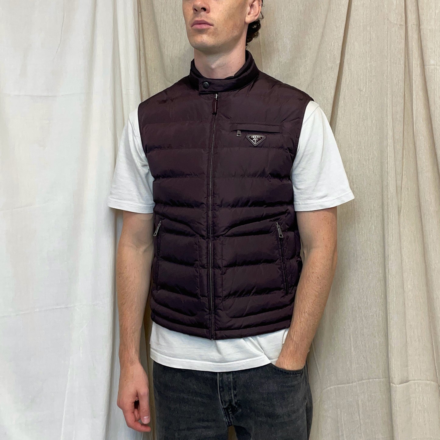 Prada Sport Burgundy 2013 Plaque Lightweight Down Puffer Gilet Vest