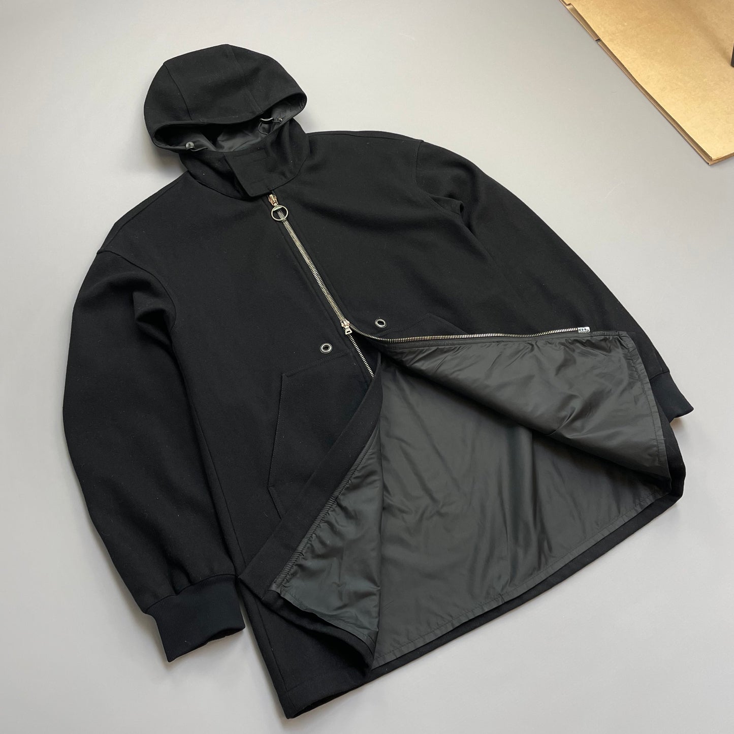 Prada Sport Black 00s Longline Nylon-Lined Wool Hooded Parka Coat