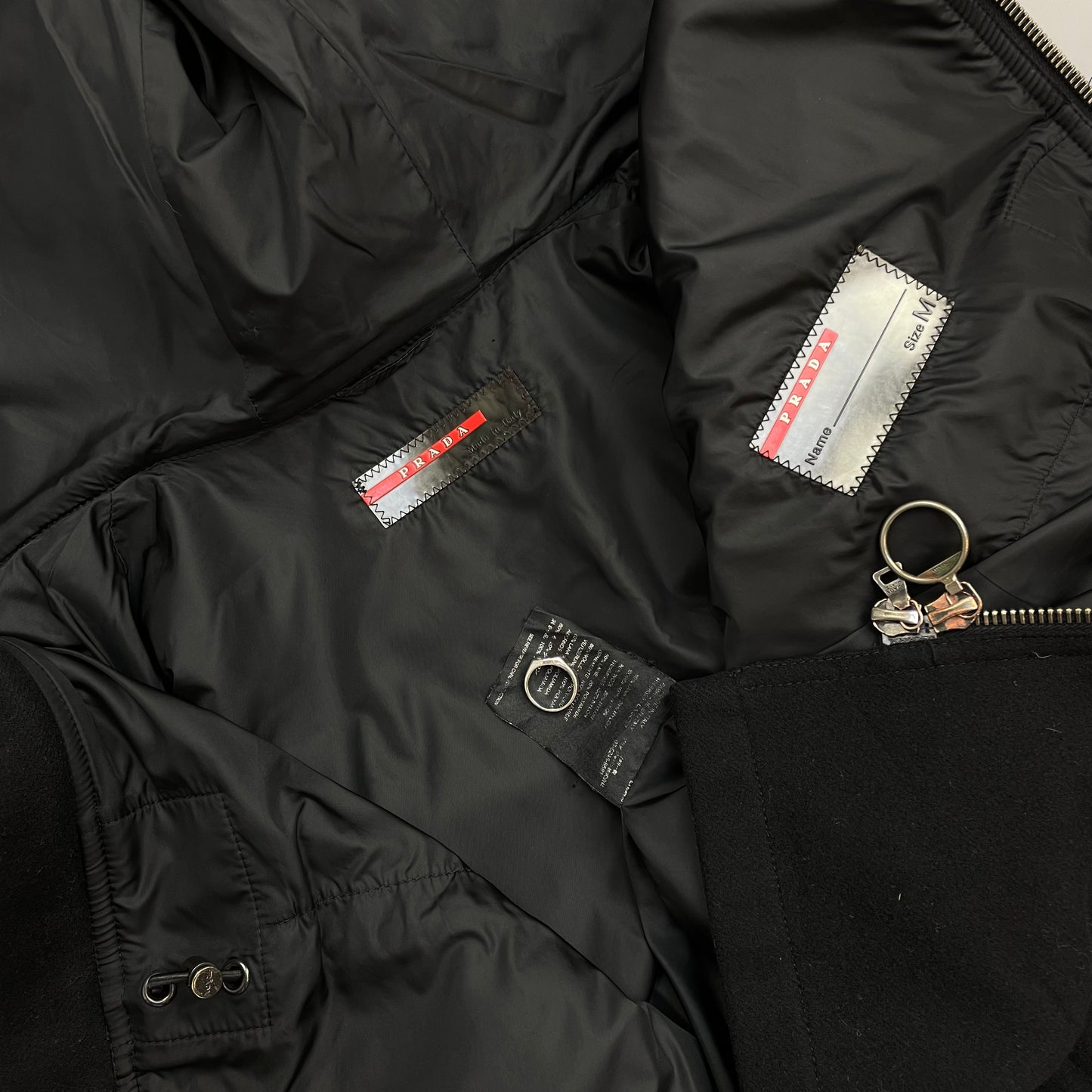 Prada Sport Black 00s Longline Nylon-Lined Wool Hooded Parka Coat