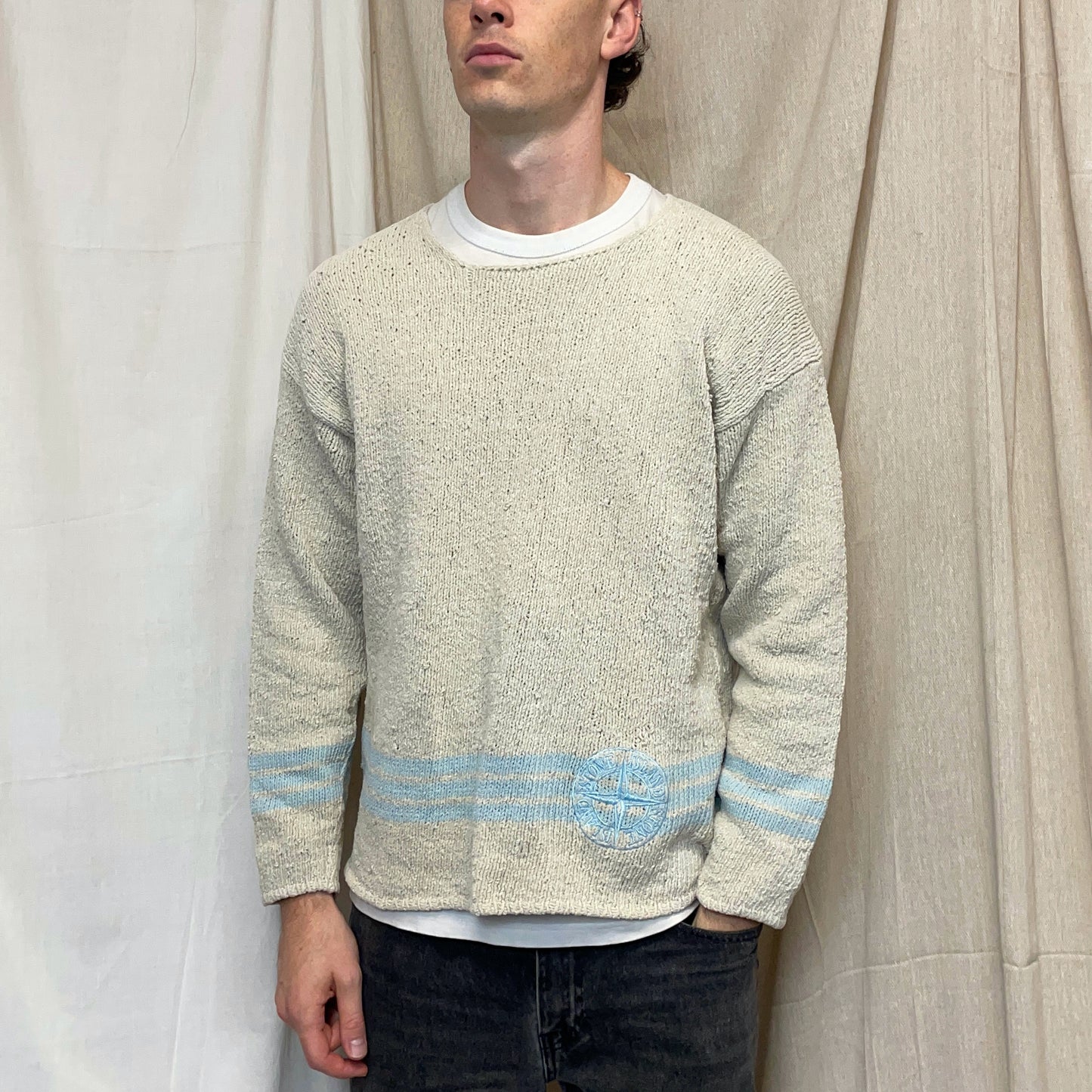 Stone Island Cream & Blue SS97 Emblem Detailed Chenille Knit Jumper