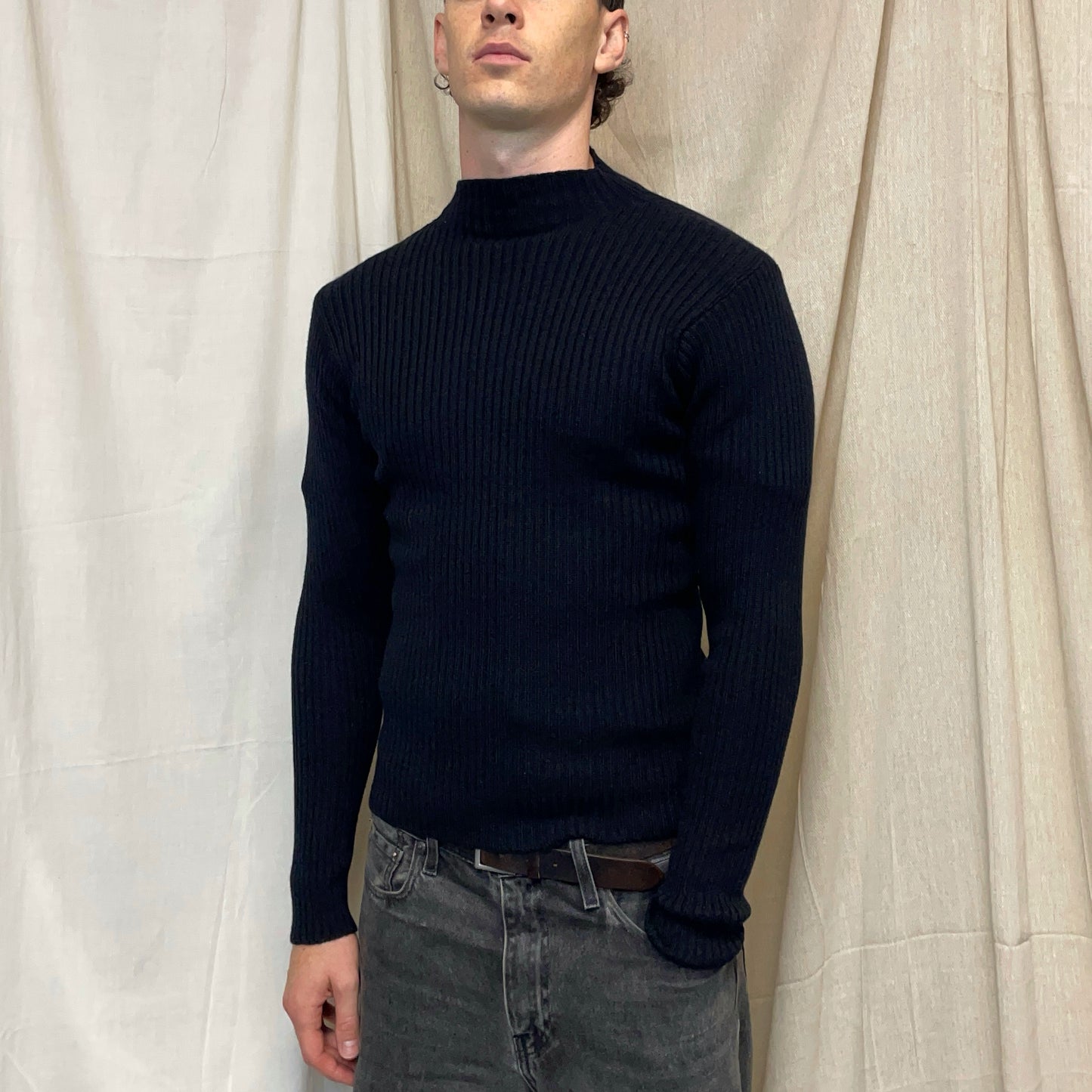 C.P. Company Navy 00s Fitted Ribbed Knit Mockneck Jumper