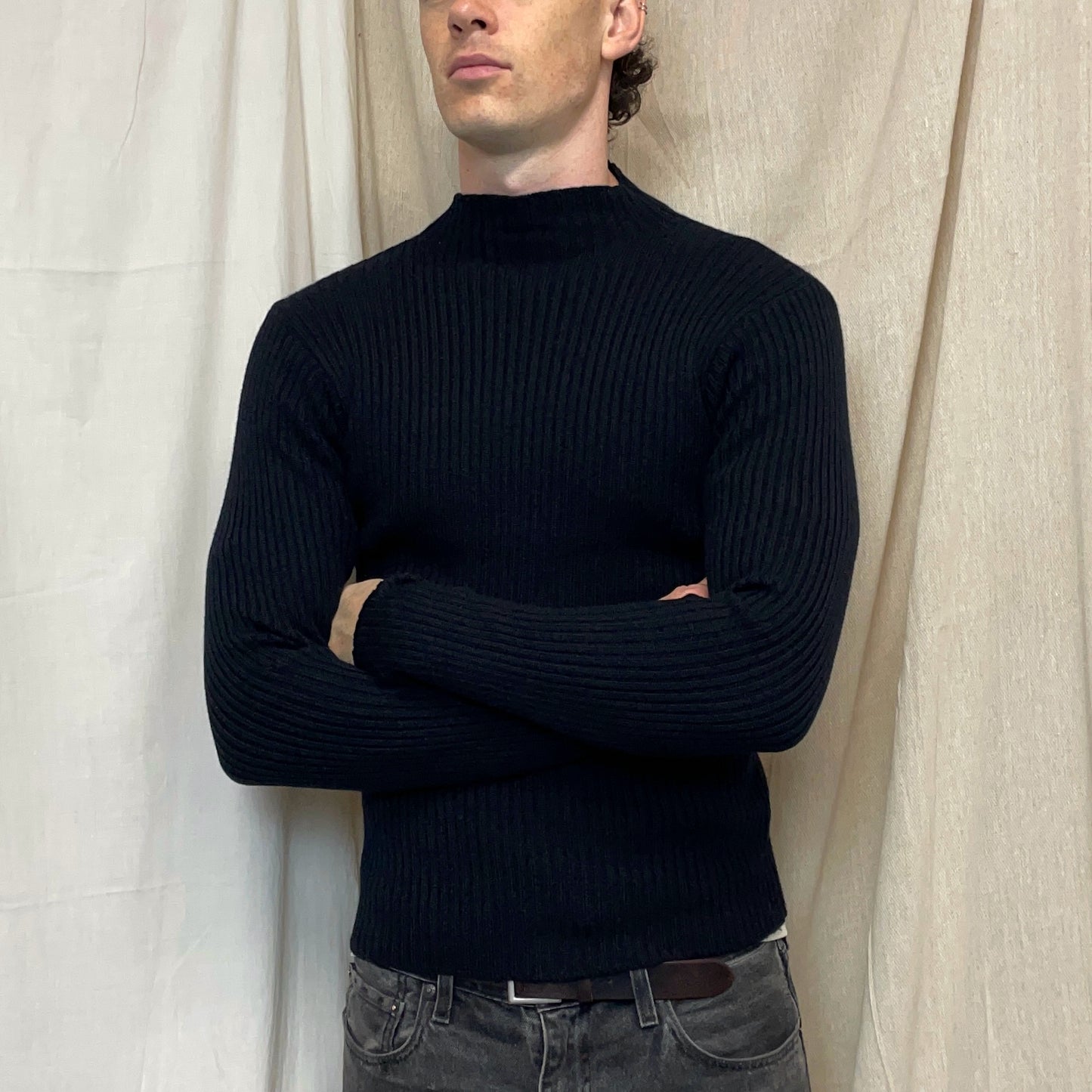 C.P. Company Navy 00s Fitted Ribbed Knit Mockneck Jumper