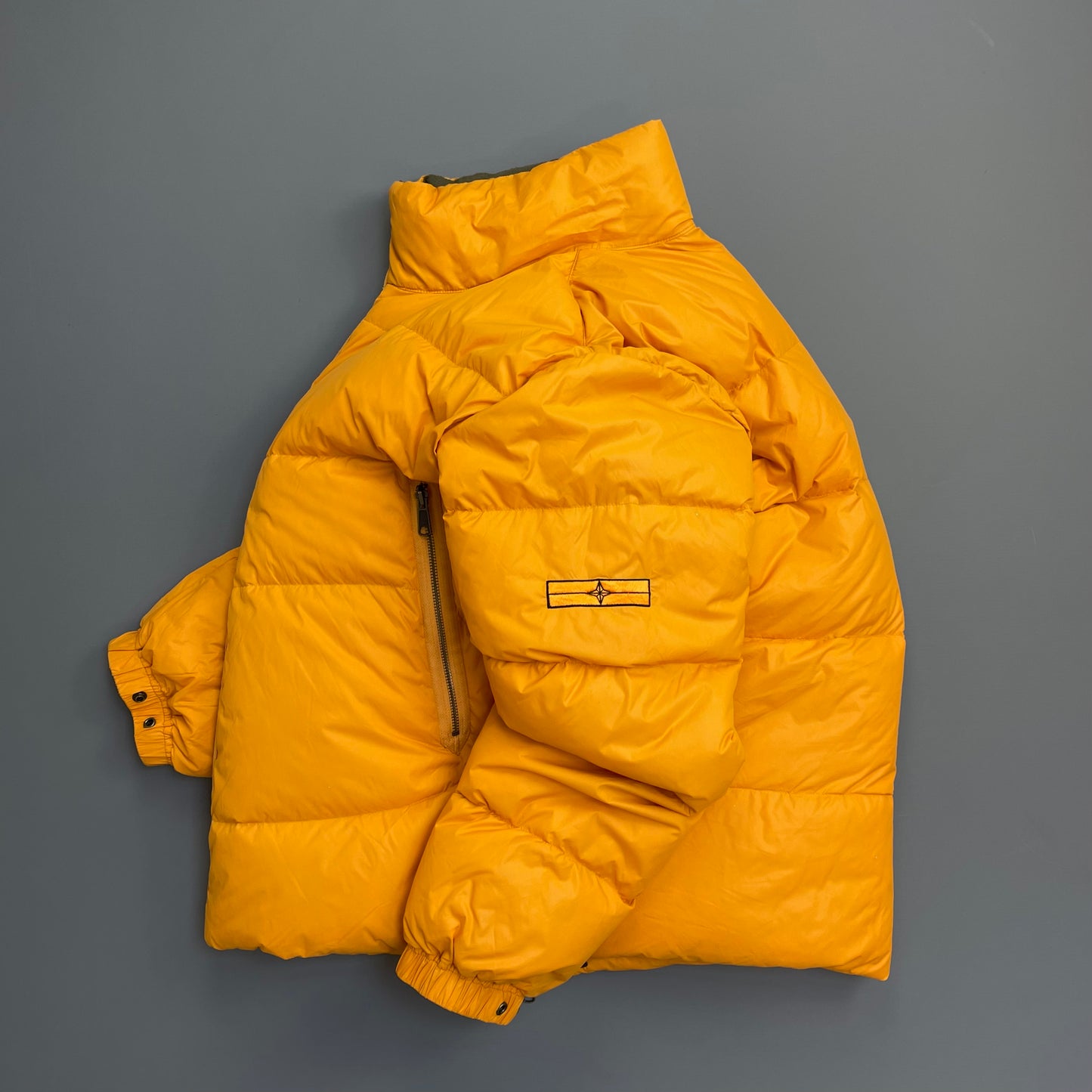 Stone Island Denims Orange AW07 Goose Down Nylon Asymmetrical Zip Detailed Puffer Jacket