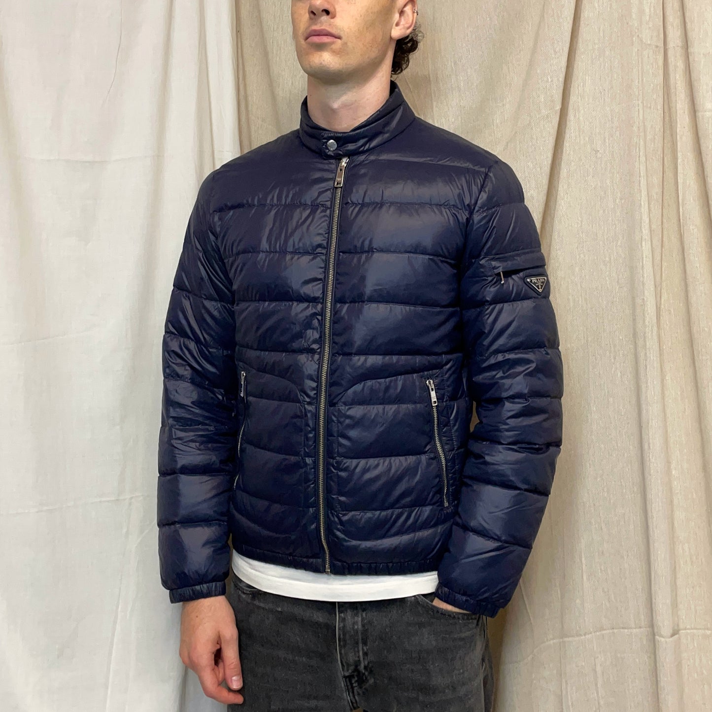 Prada Mainline Dark Blue 2018 Plaque Lightweight Biker Puffer Jacket