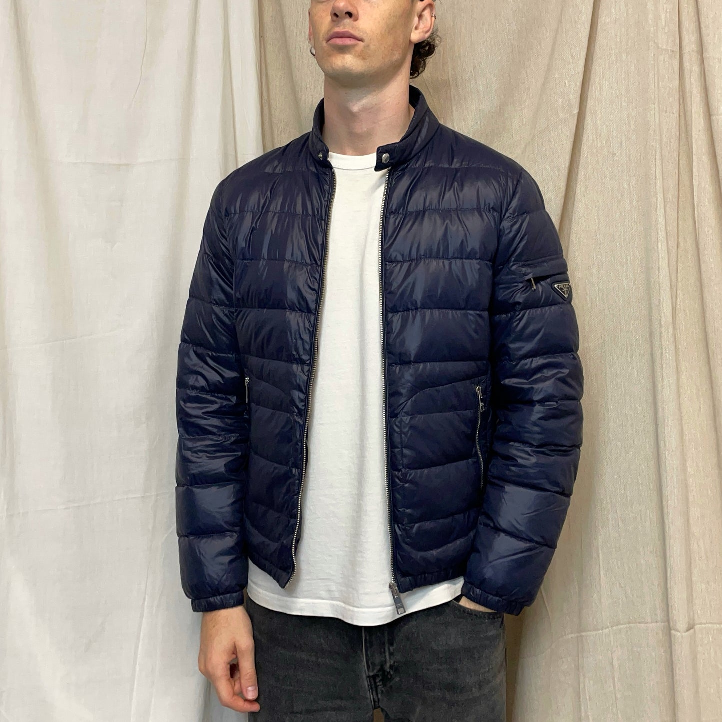 Prada Mainline Dark Blue 2018 Plaque Lightweight Biker Puffer Jacket