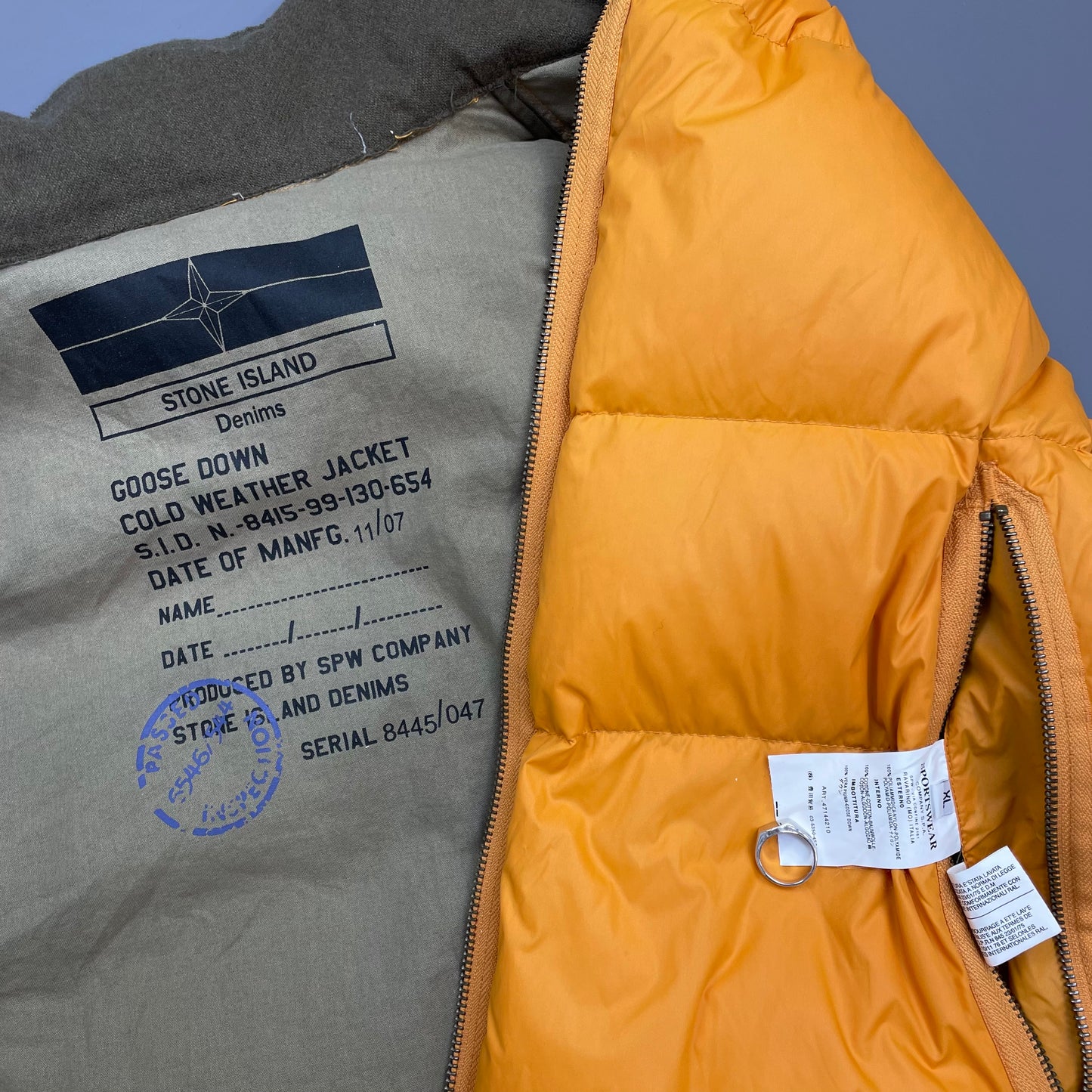 Stone Island Denims Orange AW07 Goose Down Nylon Asymmetrical Zip Detailed Puffer Jacket
