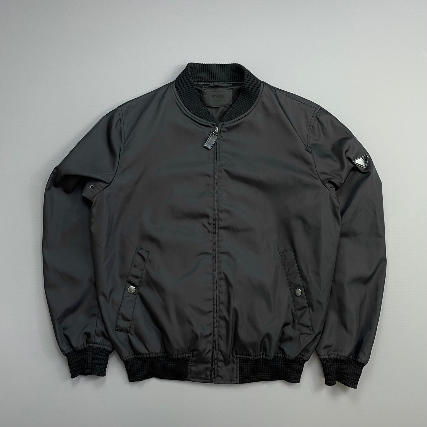 Prada Mainline Black 2015 Nylon & Wool Plaque Bomber Jacket