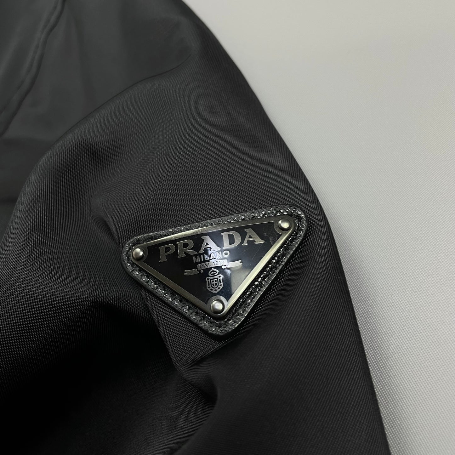 Prada Mainline Black 2015 Nylon & Wool Plaque Bomber Jacket