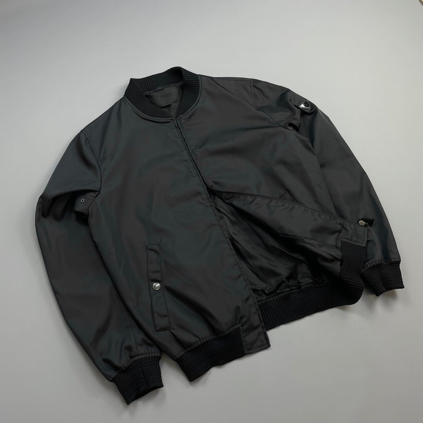 Prada Mainline Black 2015 Nylon & Wool Plaque Bomber Jacket