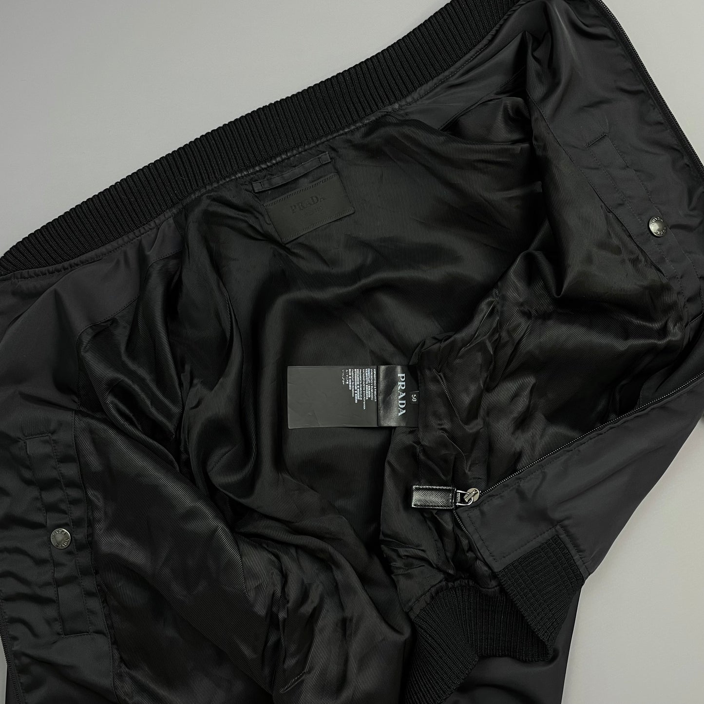 Prada Mainline Black 2015 Nylon & Wool Plaque Bomber Jacket