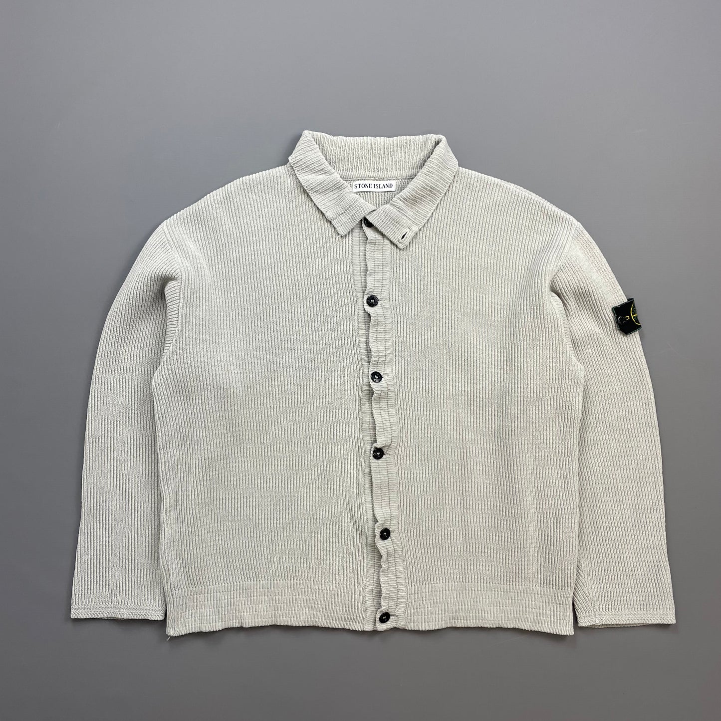 Stone Island Grey SS99 Chenille Knit Button-Through Green Edge Badge Cardigan Jacket