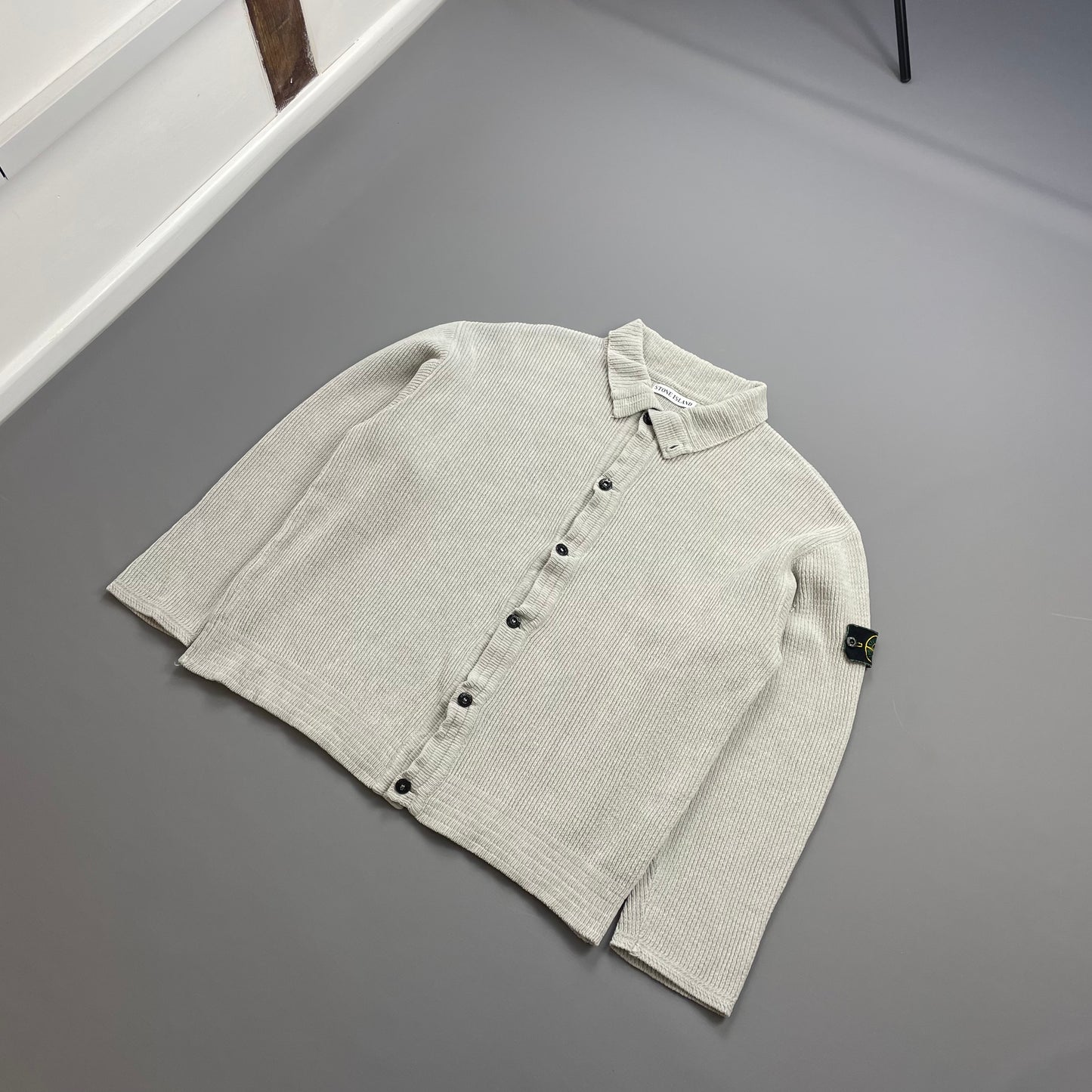 Stone Island Grey SS99 Chenille Knit Button-Through Green Edge Badge Cardigan Jacket