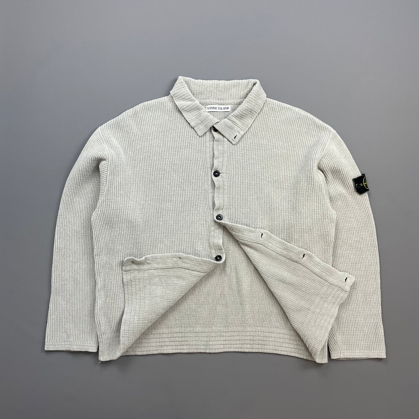 Stone Island Grey SS99 Chenille Knit Button-Through Green Edge Badge Cardigan Jacket