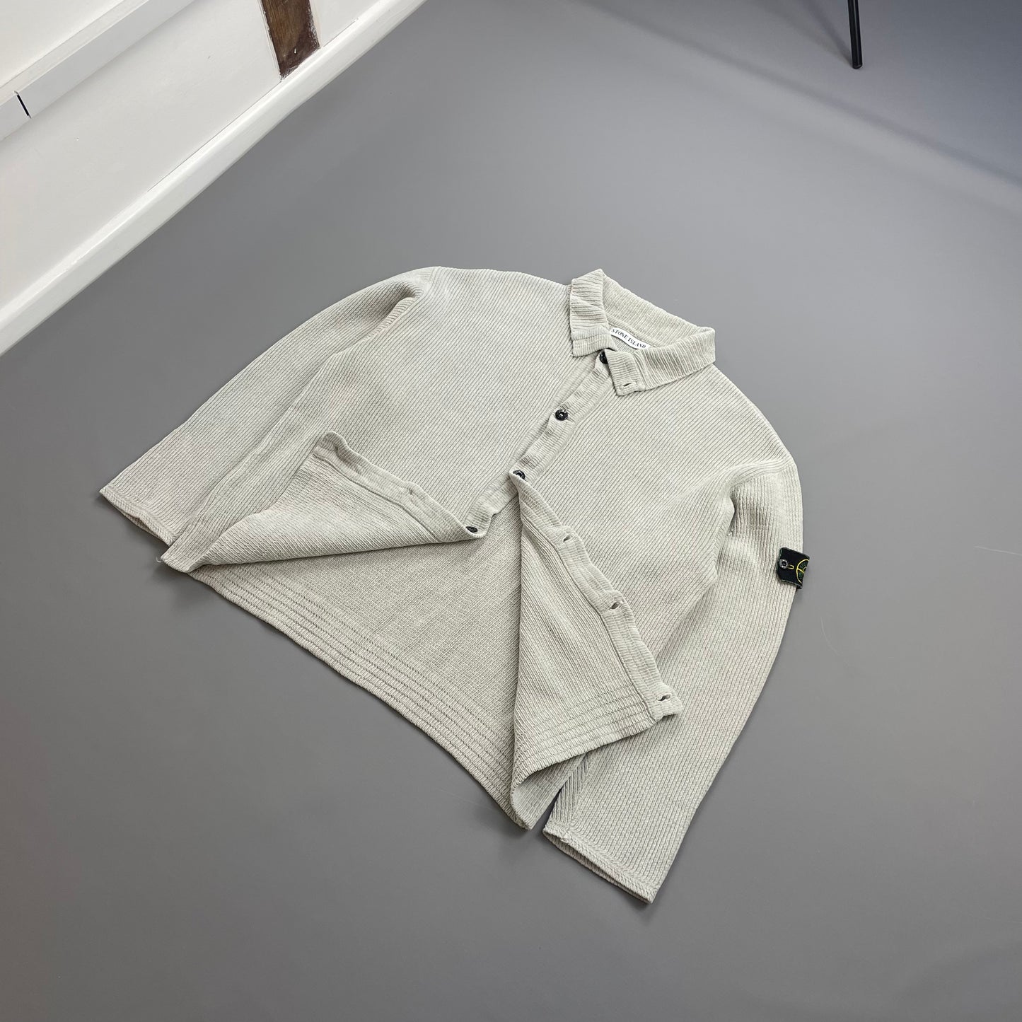 Stone Island Grey SS99 Chenille Knit Button-Through Green Edge Badge Cardigan Jacket