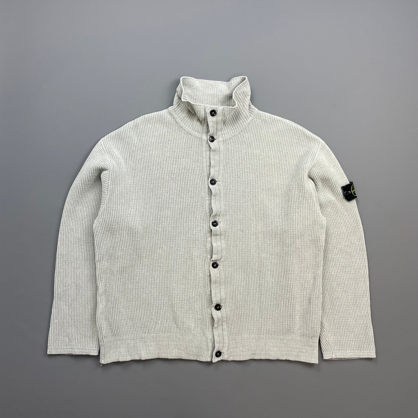 Stone Island Grey SS99 Chenille Knit Button-Through Green Edge Badge Cardigan Jacket