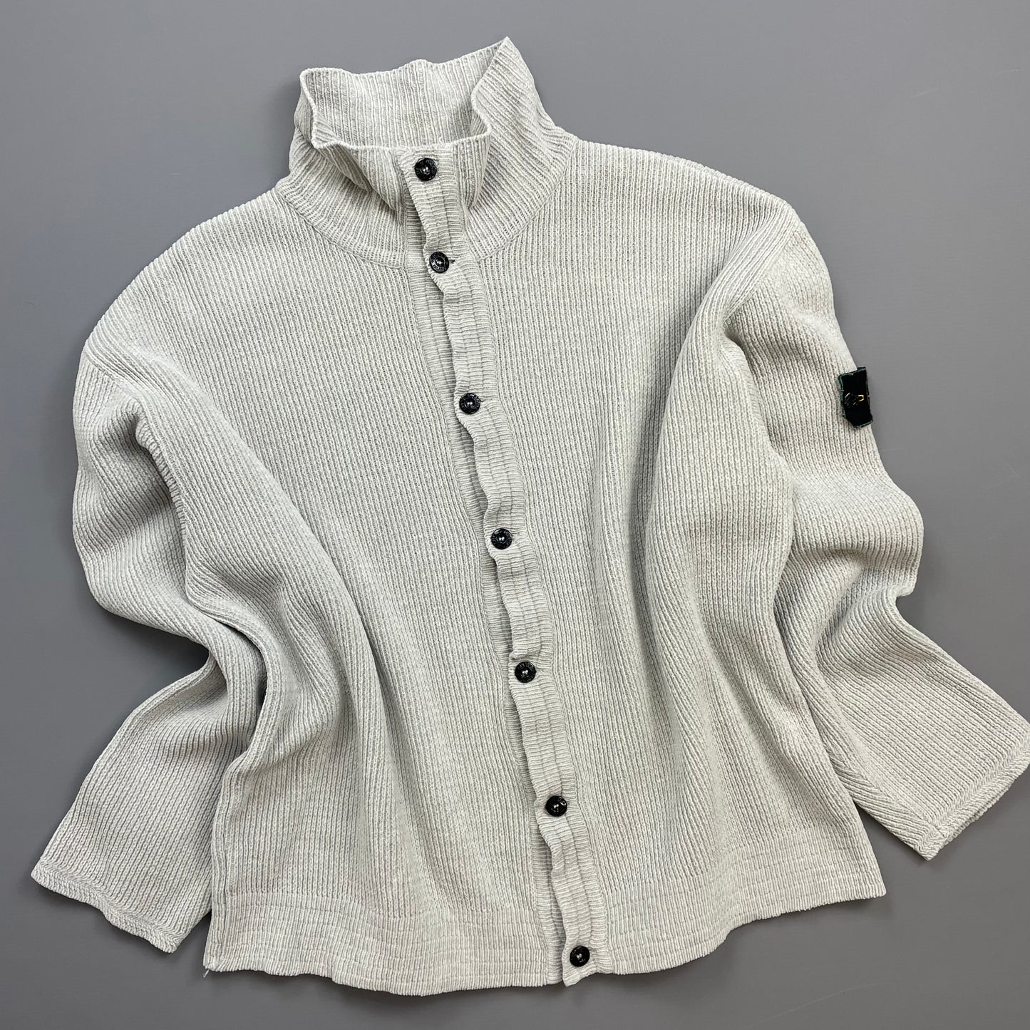 Stone Island Grey SS99 Chenille Knit Button-Through Green Edge Badge Cardigan Jacket