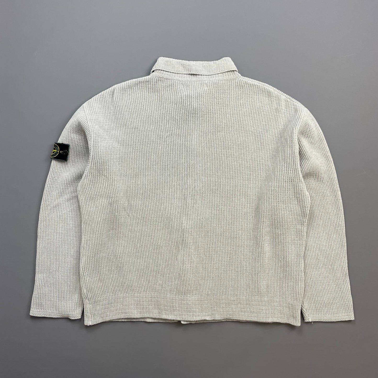 Stone Island Grey SS99 Chenille Knit Button-Through Green Edge Badge Cardigan Jacket