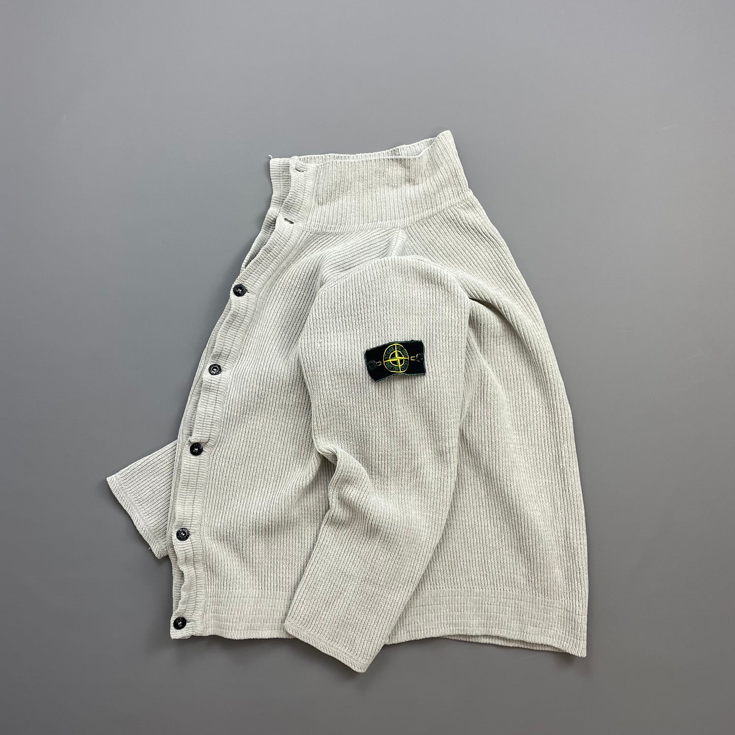Stone Island Grey SS99 Chenille Knit Button-Through Green Edge Badge Cardigan Jacket