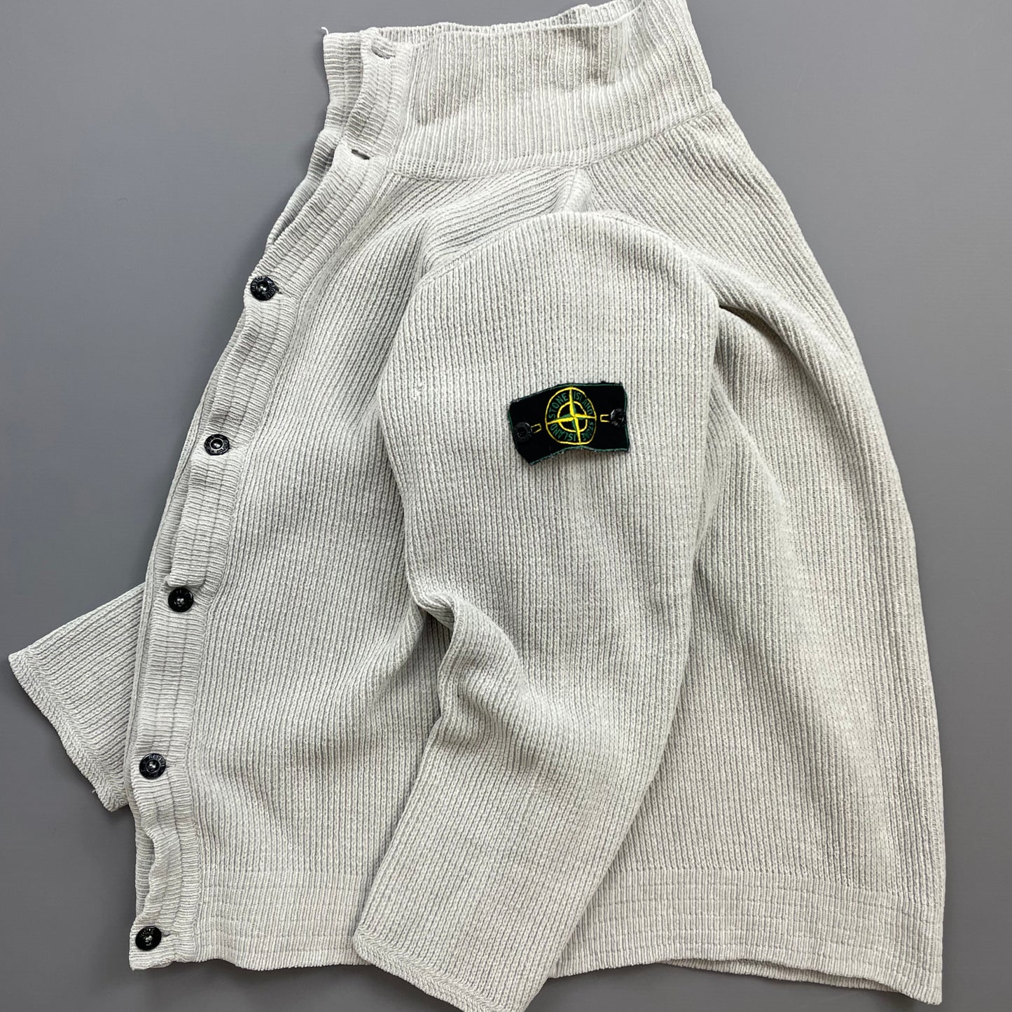 Stone Island Grey SS99 Chenille Knit Button-Through Green Edge Badge Cardigan Jacket