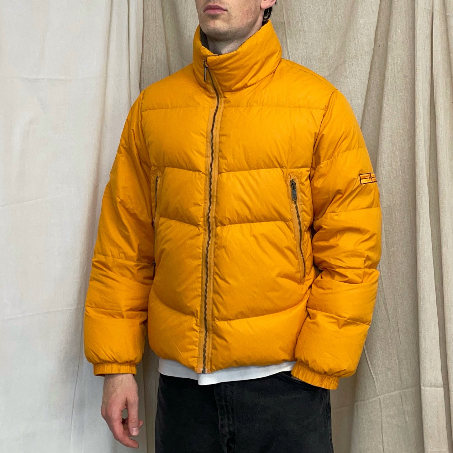 Stone Island Denims Orange AW07 Goose Down Nylon Asymmetrical Zip Detailed Puffer Jacket