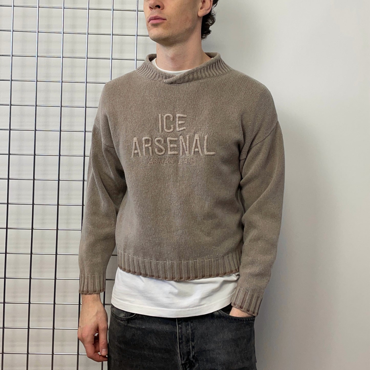 Armani Jeans Grey Brown 90s Wool Blend 'Ice Arsenal' Knit Jumper