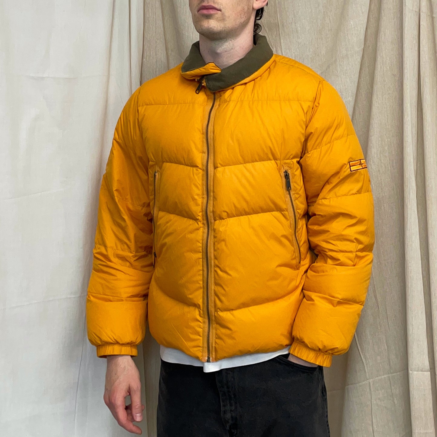 Stone Island Denims Orange AW07 Goose Down Nylon Asymmetrical Zip Detailed Puffer Jacket