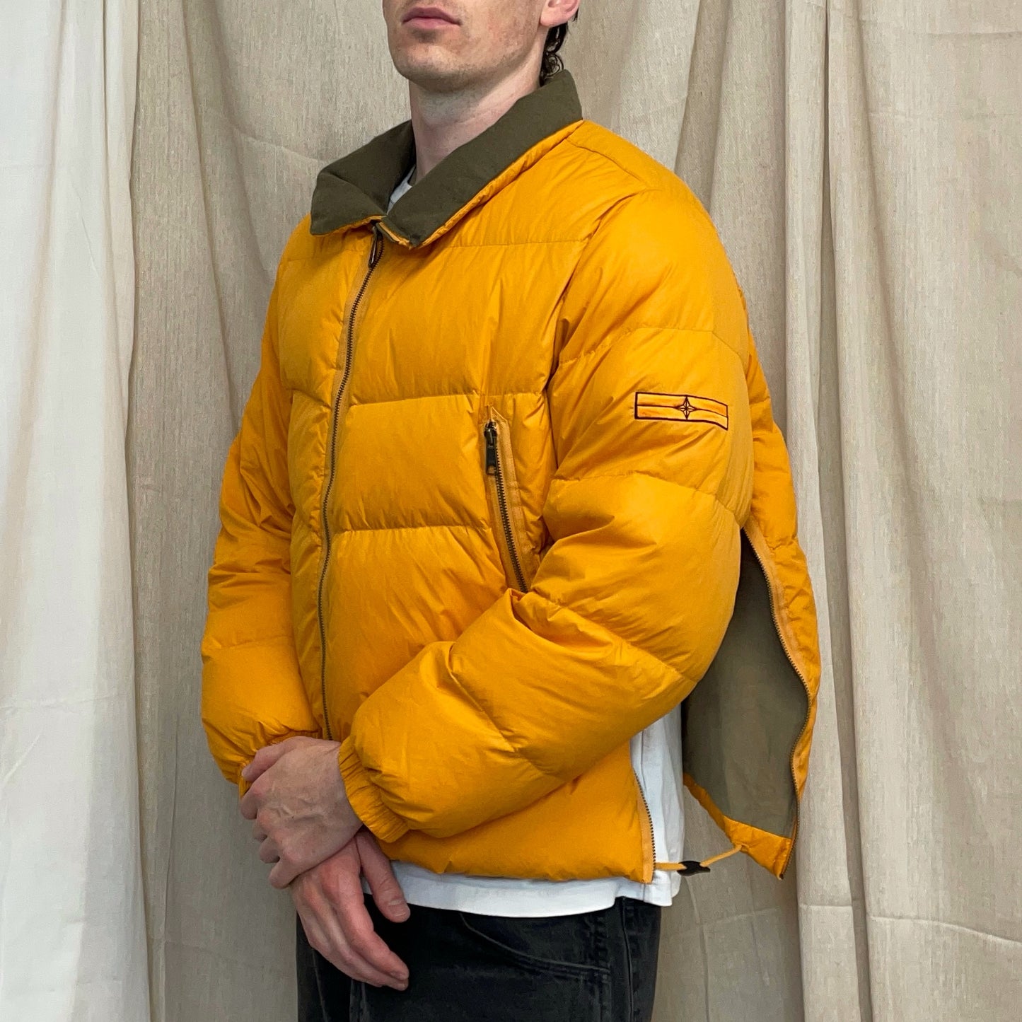 Stone Island Denims Orange AW07 Goose Down Nylon Asymmetrical Zip Detailed Puffer Jacket