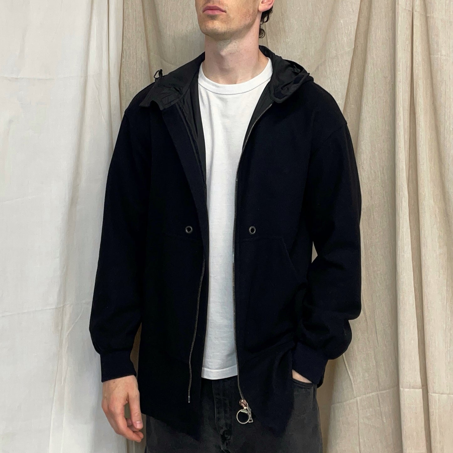 Prada Sport Black 00s Longline Nylon-Lined Wool Hooded Parka Coat