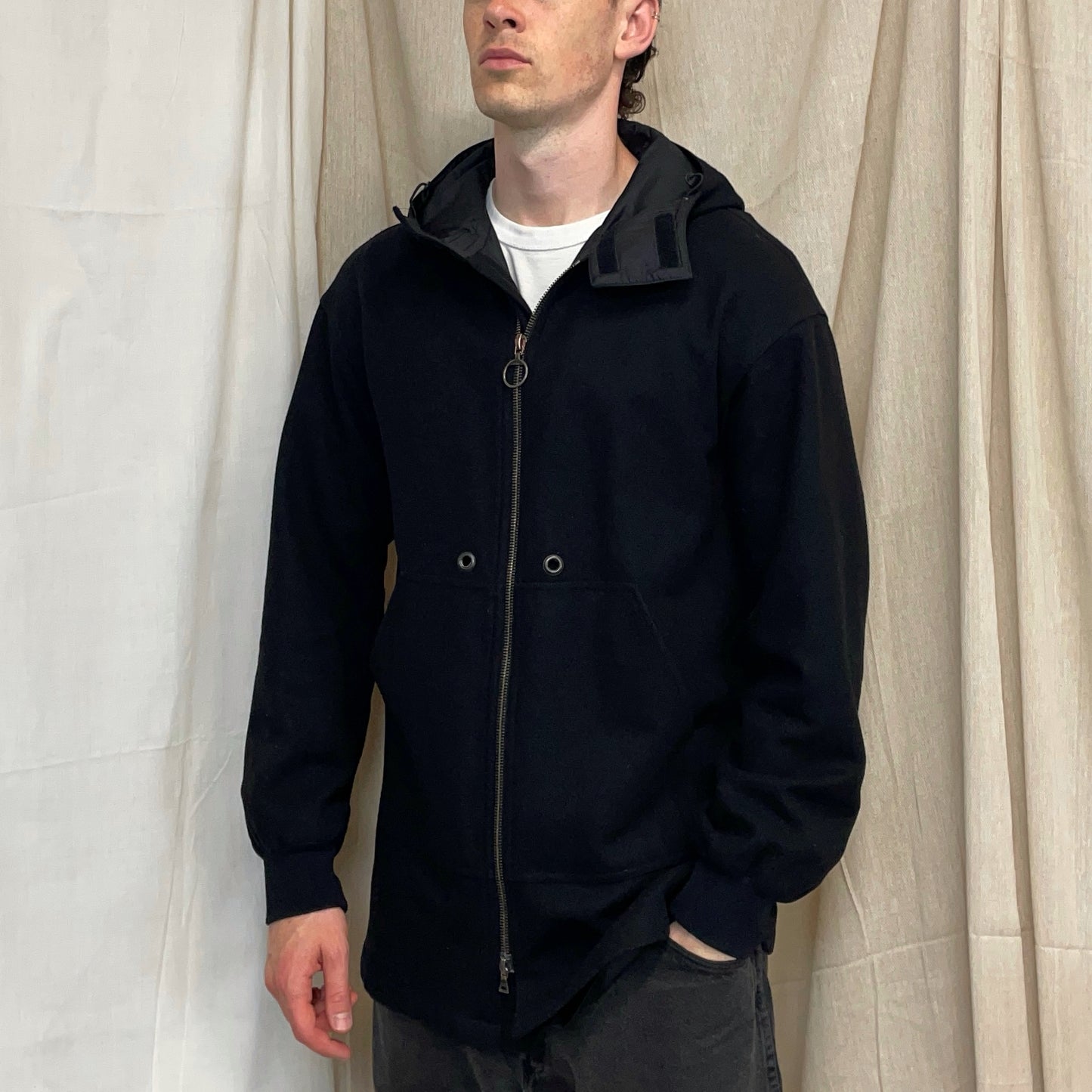 Prada Sport Black 00s Longline Nylon-Lined Wool Hooded Parka Coat