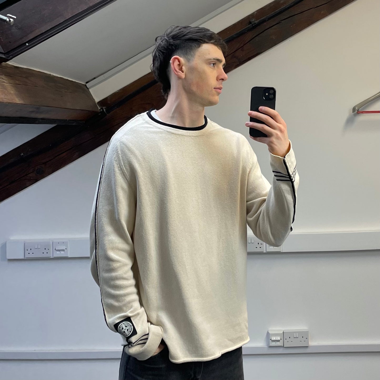 Stone Island Cream SS05 Midweight Cuff-Emblem Knit Jumper