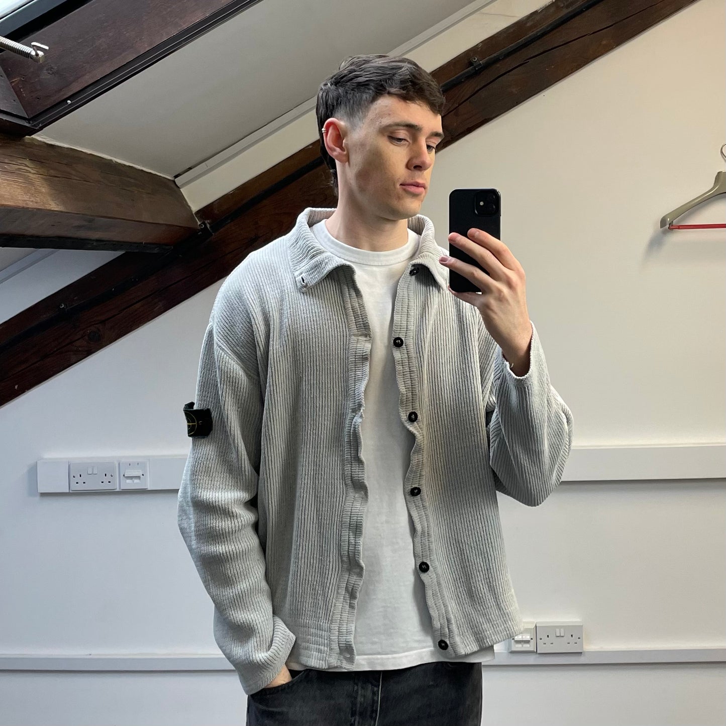 Stone Island Grey SS99 Chenille Knit Button-Through Green Edge Badge Cardigan Jacket