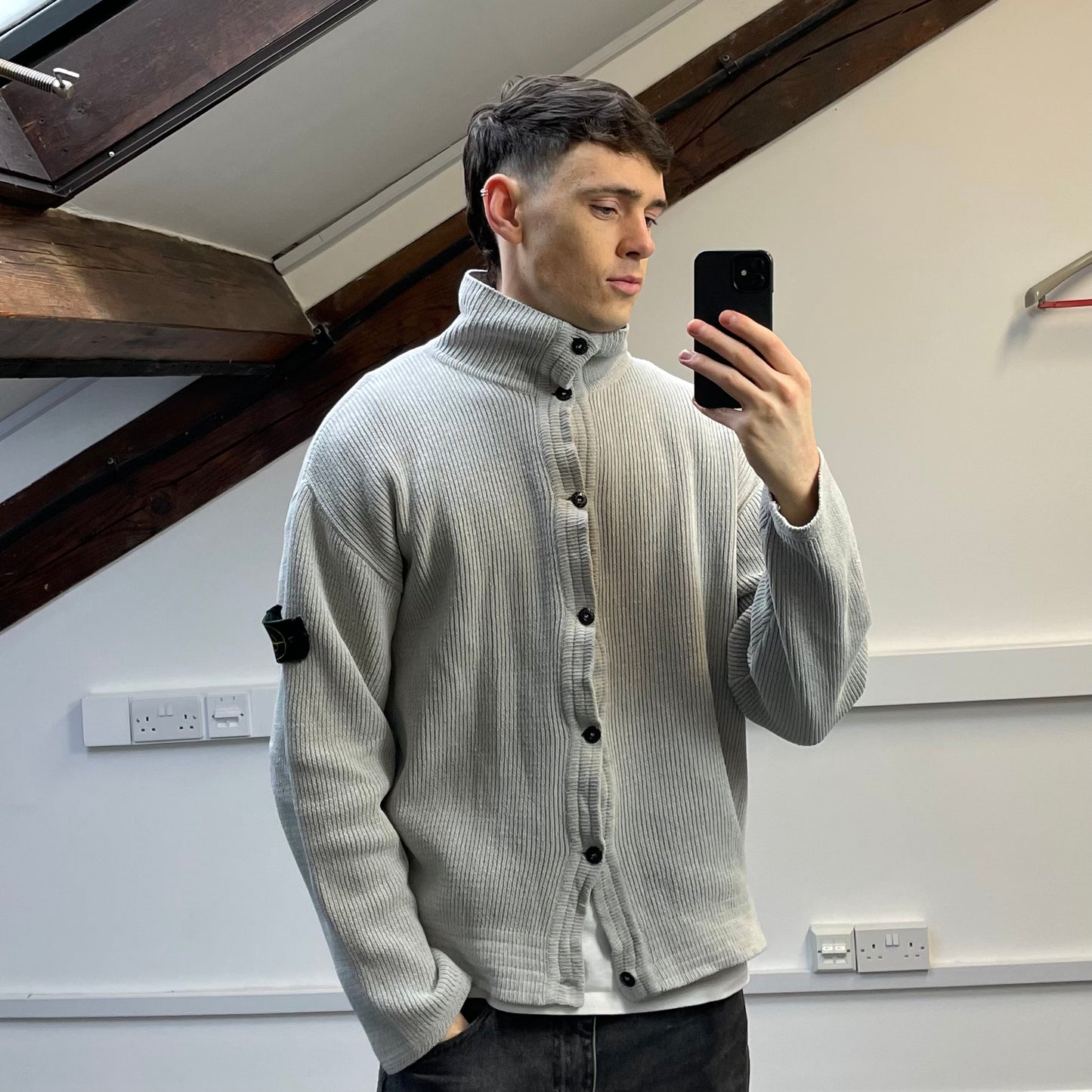 Stone Island Grey SS99 Chenille Knit Button-Through Green Edge Badge Cardigan Jacket