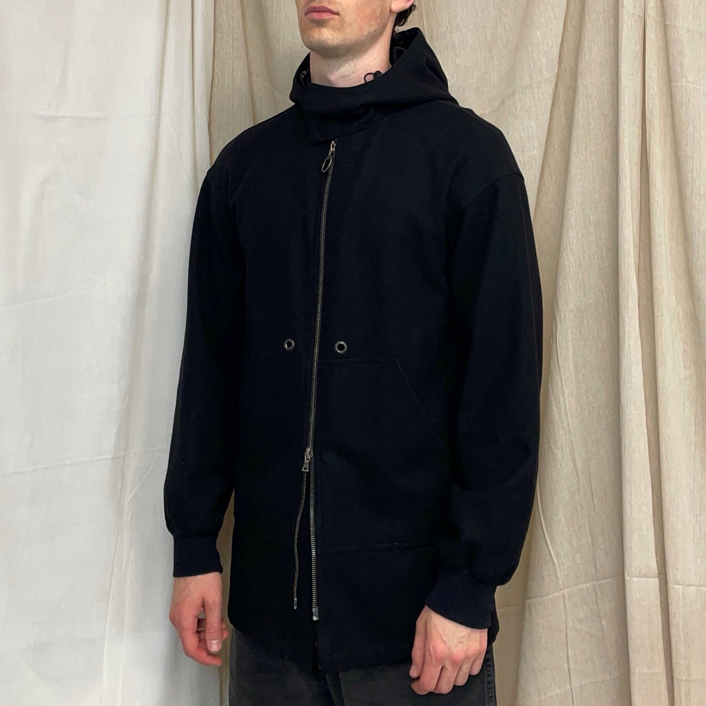Prada Sport Black 00s Longline Nylon-Lined Wool Hooded Parka Coat