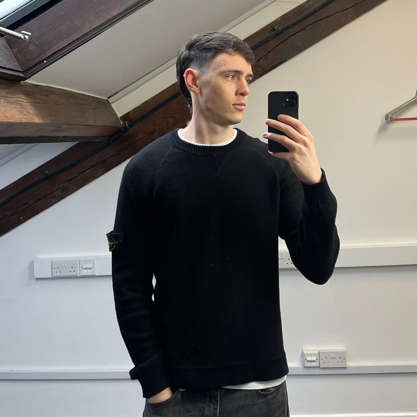 Stone Island Black AW17 Two-Tone Midweight Wool Knit Crewneck Jumper