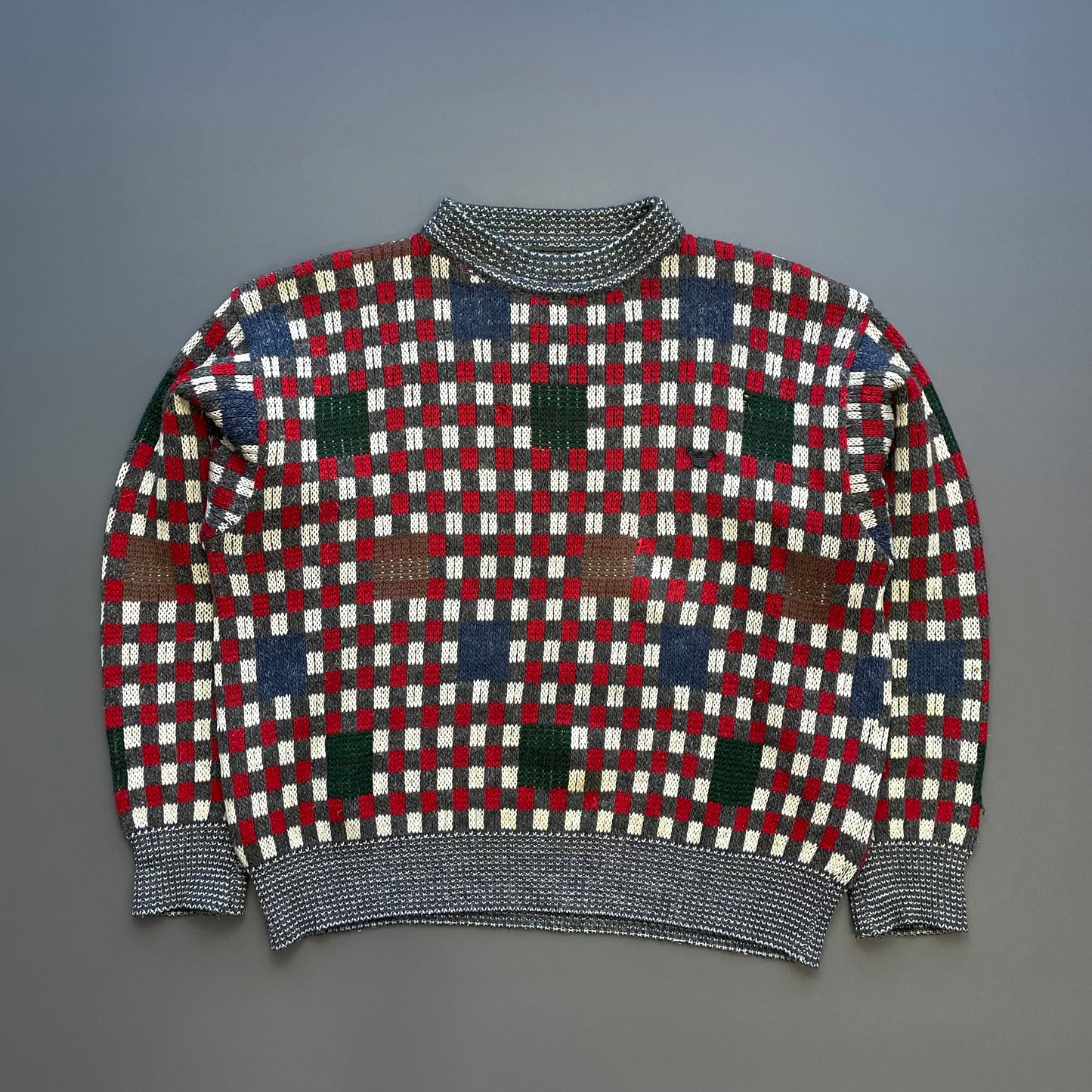 Armani Red 80s Check & Patchwork Knit Jumper